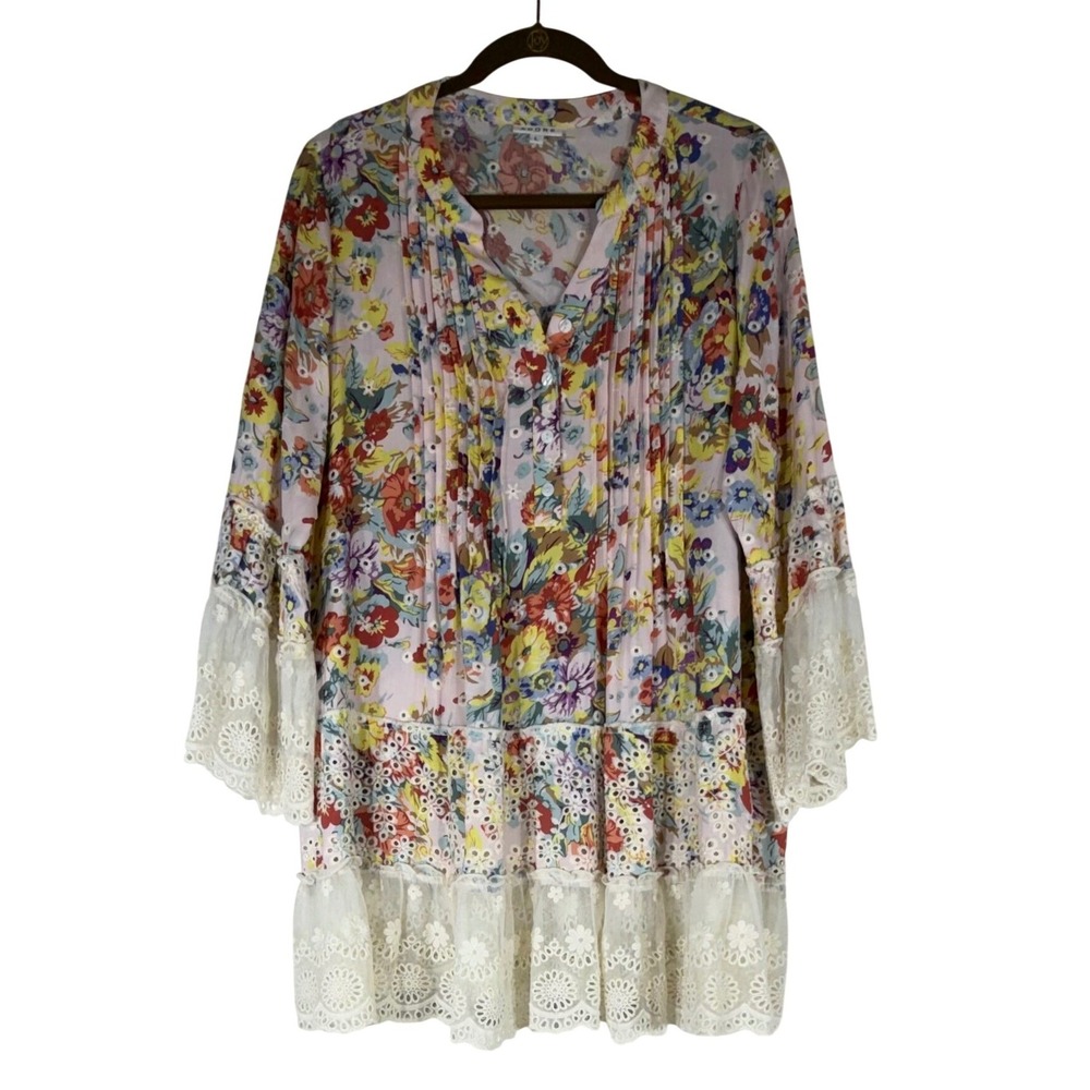Adore Floral Tunic Mini Dress Large Floral Multicolor Eyelet Lace Pintuck Pleat